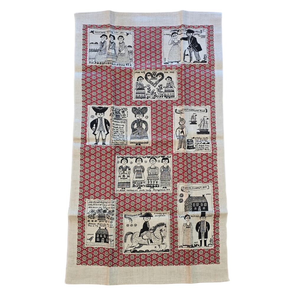 Vintage Kay Dee Hand Prints Linen Kitchen Towel Pat Ahern Amish Folk Art Red